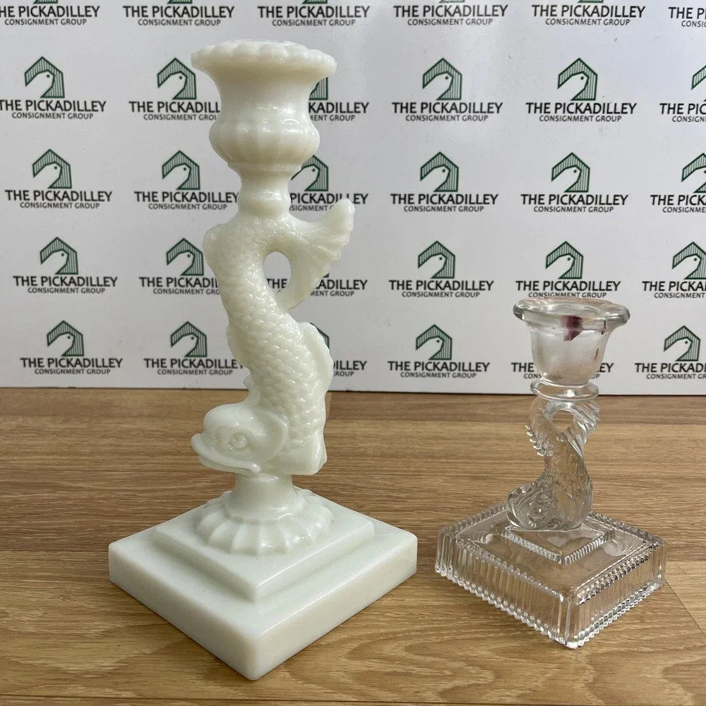 Vintage Milk Glass and Clear Glass Dolphin Koi Fish Candlestick Holders Set 2